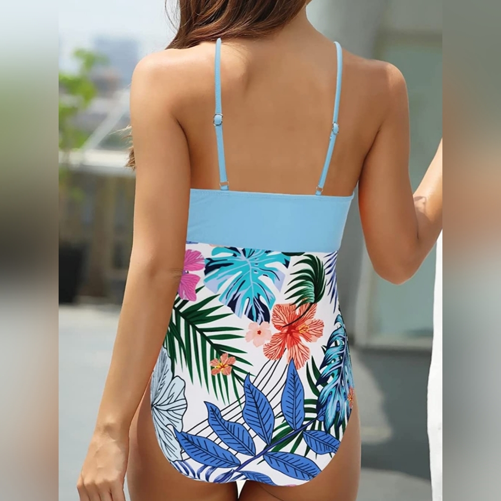 NWT Binlowis V-Neck Push-Up One-Piece Floral Leaf Swimsuit Small - Picture 2 of 8